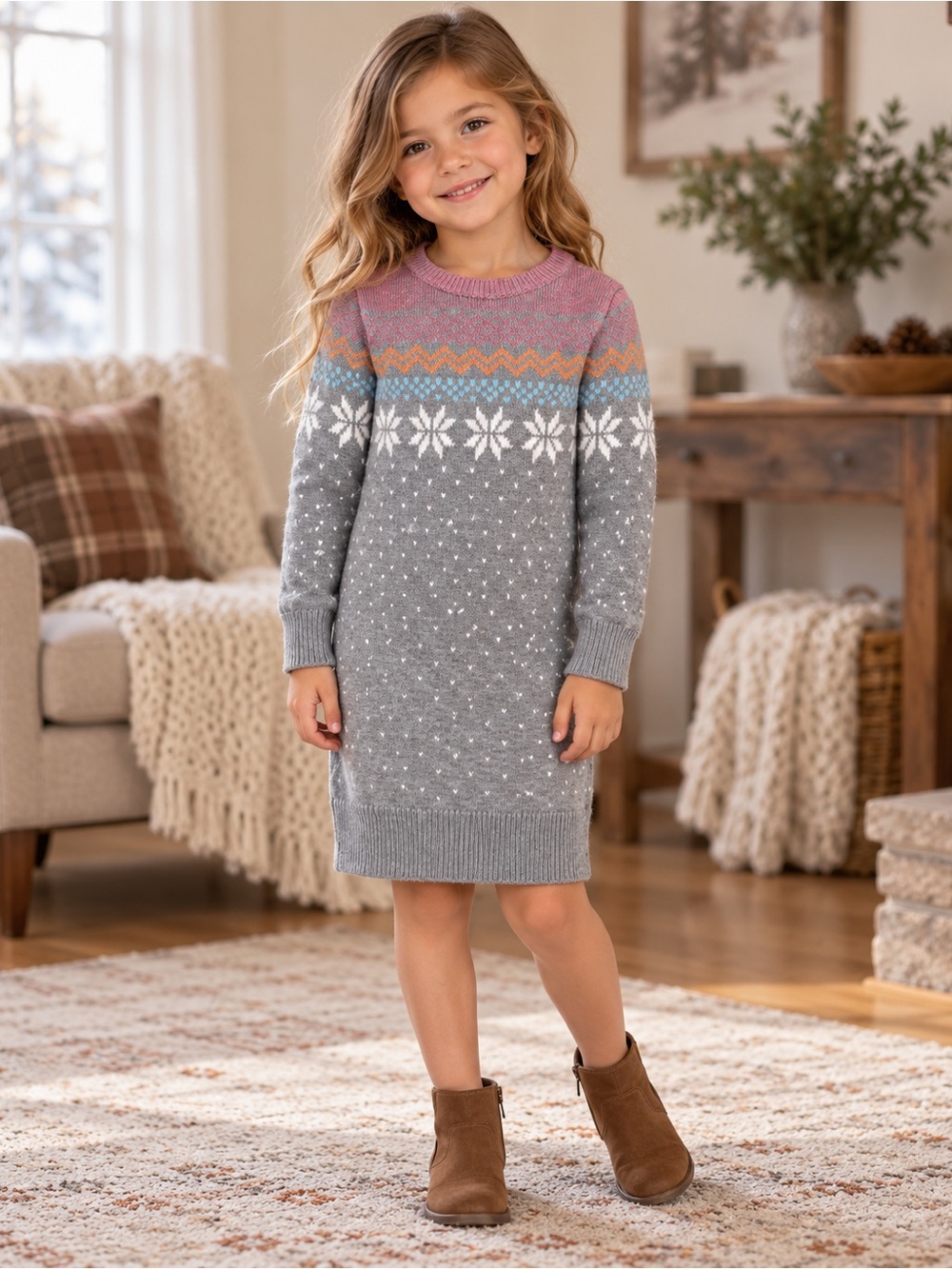 GapKids Sweater Dress Girls 6–7 Gray Pink Fair Isle Snowflake Knit
